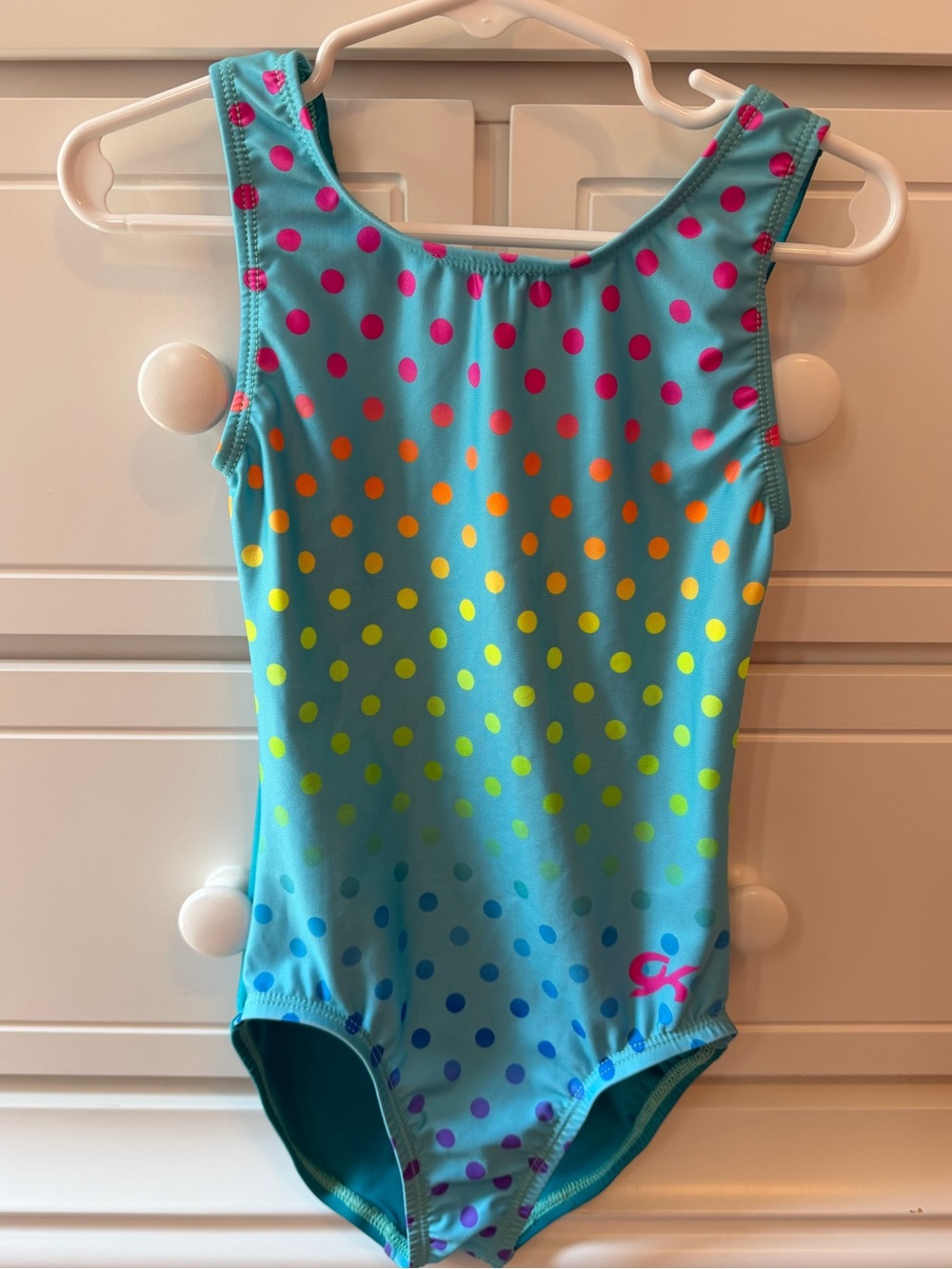 Girls GK gymnastics leotard turquoise blue polka dot child small